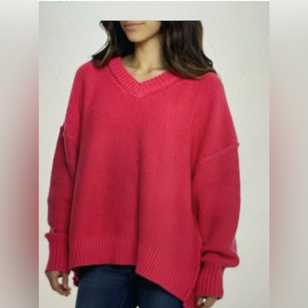 Free People Relaxed V-Neck Sweater in Hot Pink - Picture 2 of 6